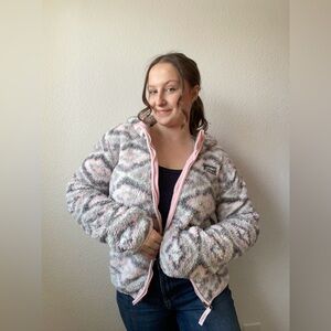Eddie Bauer Pink & Grey Fuzzy Zip Up